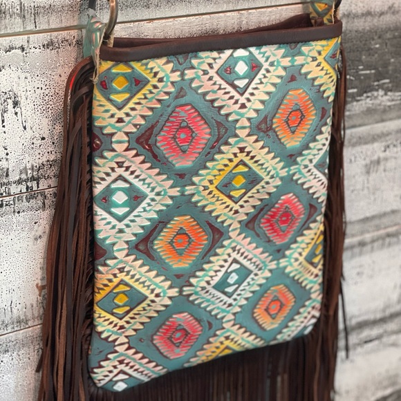 Aztec print with fringe crossbody purse with adj strap leather USA made - Picture 6 of 14